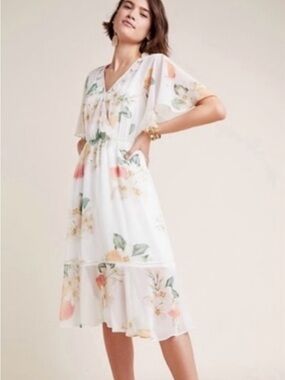 FARM Rio Sheer Eloise Floral Peach Print Midi Dress in White